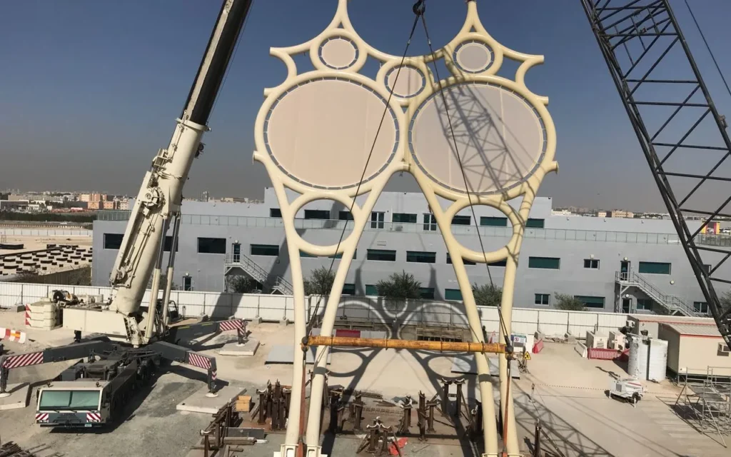 Steel structure lifted into place during erection at Al Wasl Plaza, Dubai