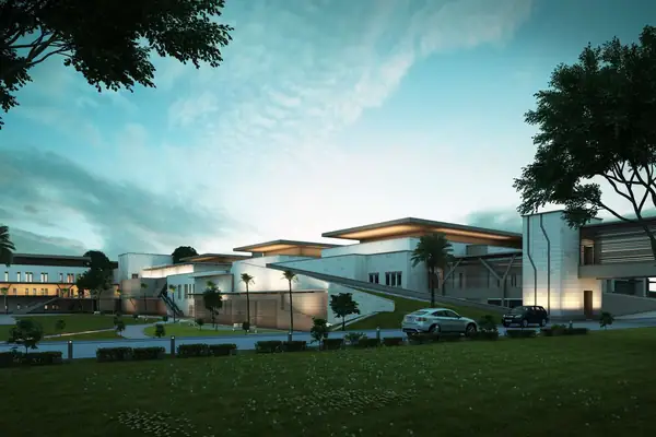 Al Qasim Green University, Iraq — structural engineering by ESG — Faculty buildings at dusk