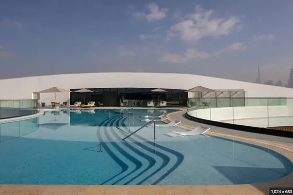 The H Residence Sky Bridge, UAE — structural engineering by ESG — Rooftop infinity pool on the completed bridge